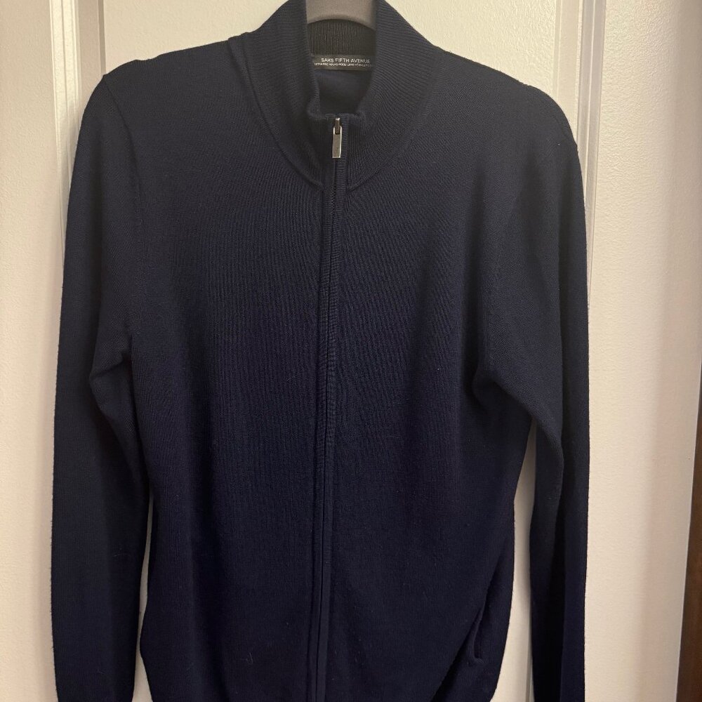 Saks Fifth Avenue Merino Wool Full Zip Sweater - Men's Small navy